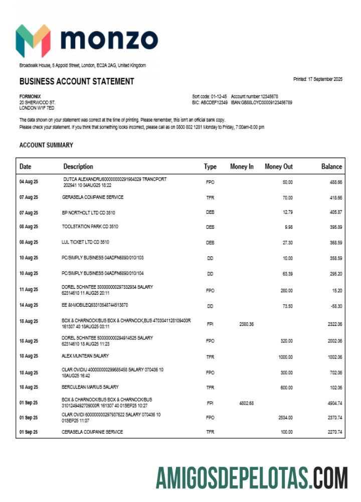 Em branco Reino Unido Monzo Enterprise Statement Word And PDF model